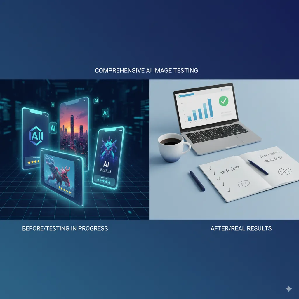 Create a modern, professional blog header image for an AI tool review article. The design should feature a split-screen composition showing "Before vs After" or "Testing in Progress" concept. On the left side, show multiple floating smartphone/tablet screens displaying different AI-generated images (a logo, a photograph, an illustration, and text design). On the right side, show a clean workspace with a laptop, coffee cup, and notepad with checkmarks and star ratings. The color scheme should be professional blues and whites (#1e3a8a, #06b6d4, #f8fafc) with subtle gradients. Include floating elements like star ratings, checkmarks, and small "AI" icons around the screens. The overall aesthetic should convey "professional testing," "comprehensive analysis," and "real results." Add subtle text overlay reading "COMPREHENSIVE AI IMAGE TESTING" in clean, modern sans-serif typography. The background should have a subtle tech pattern or grid. Horizontal 16:9 format suitable for blog headers. Professional, trustworthy, and engaging visual style that appeals to tech professionals and business users.