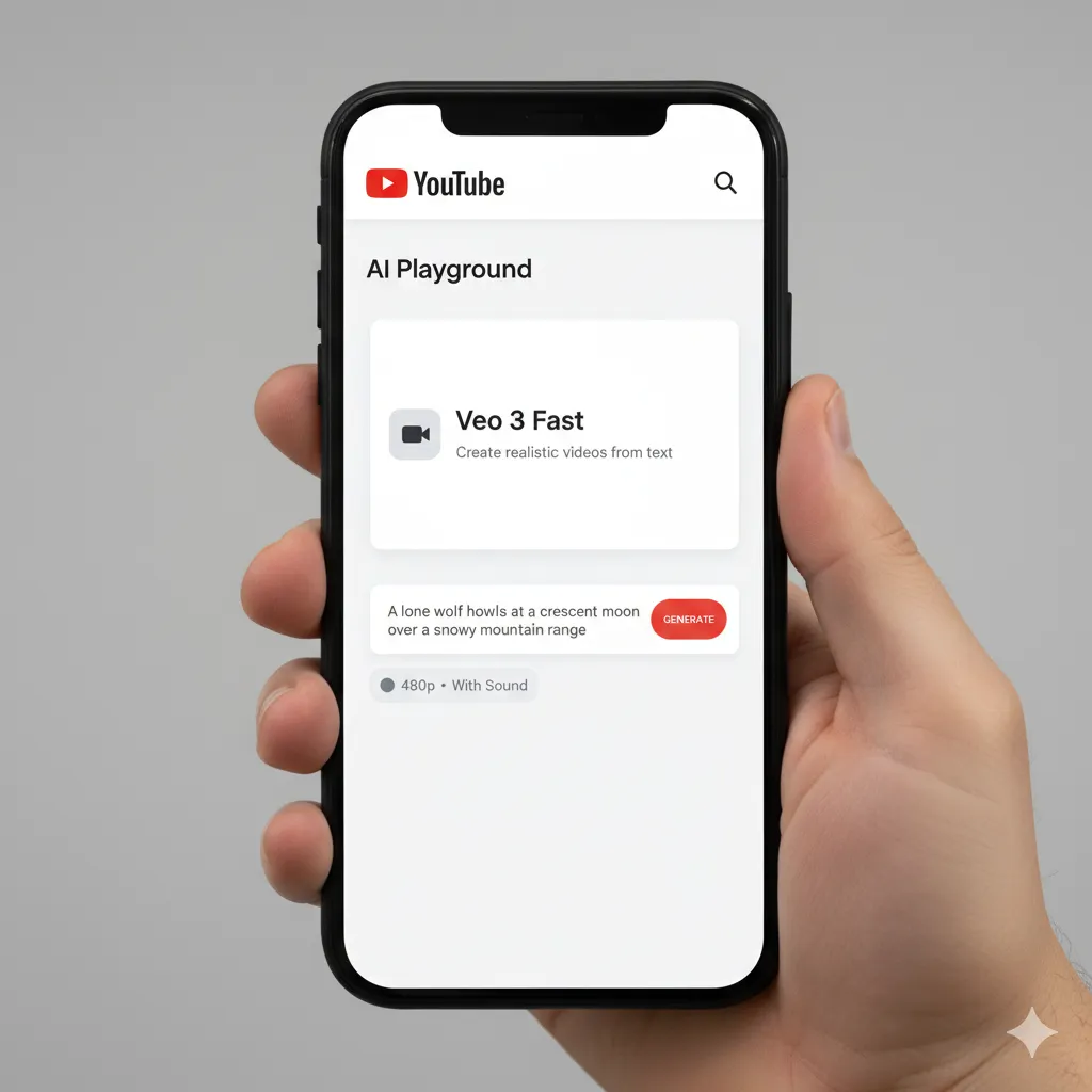 YouTube Veo 3 Fast interface showing text to video generation with sound