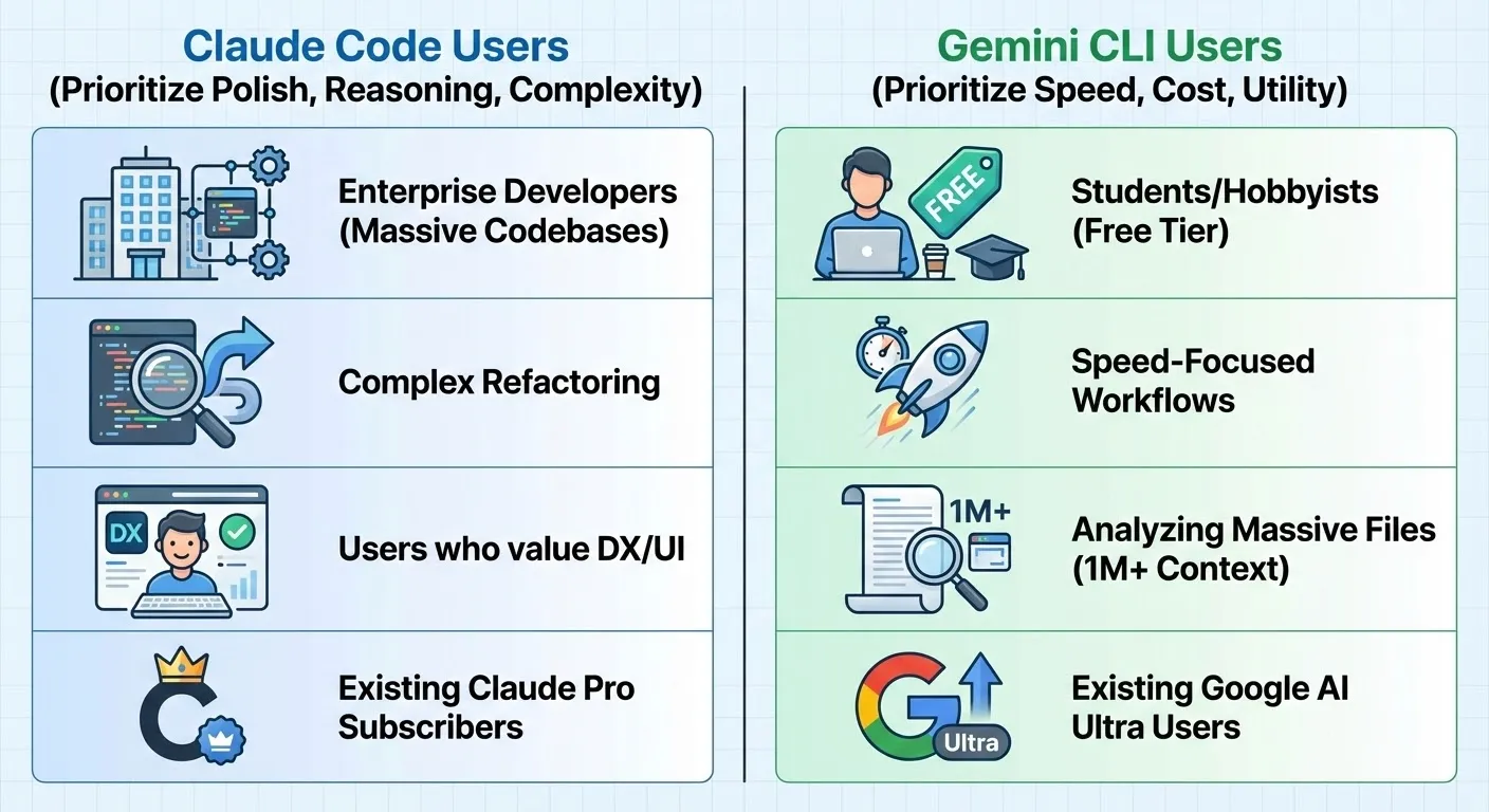 Chart comparing the ideal user personas for Claude Code vs Gemini 3 CLI