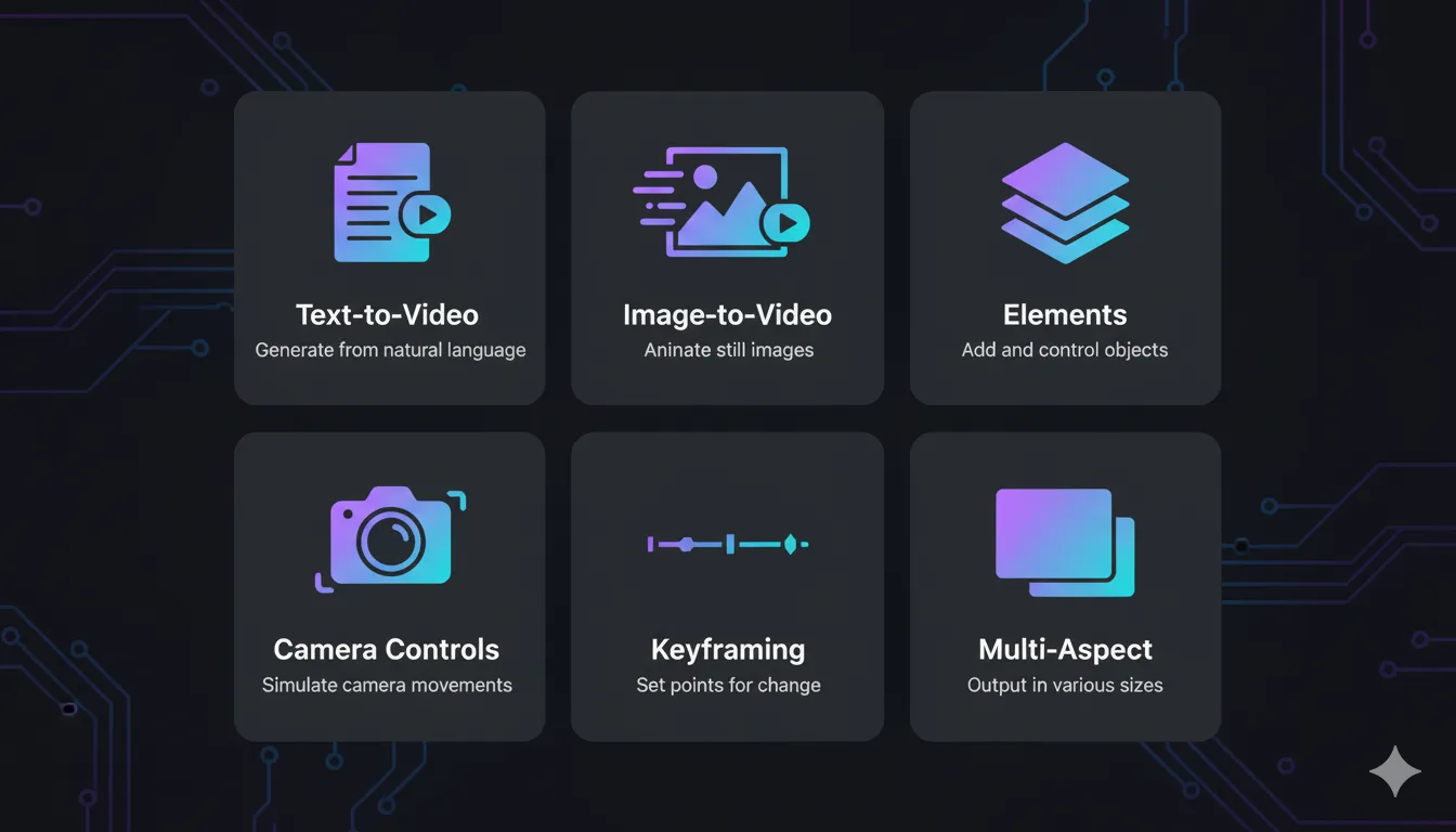 Kling AI key features including Elements, keyframing, and camera controls