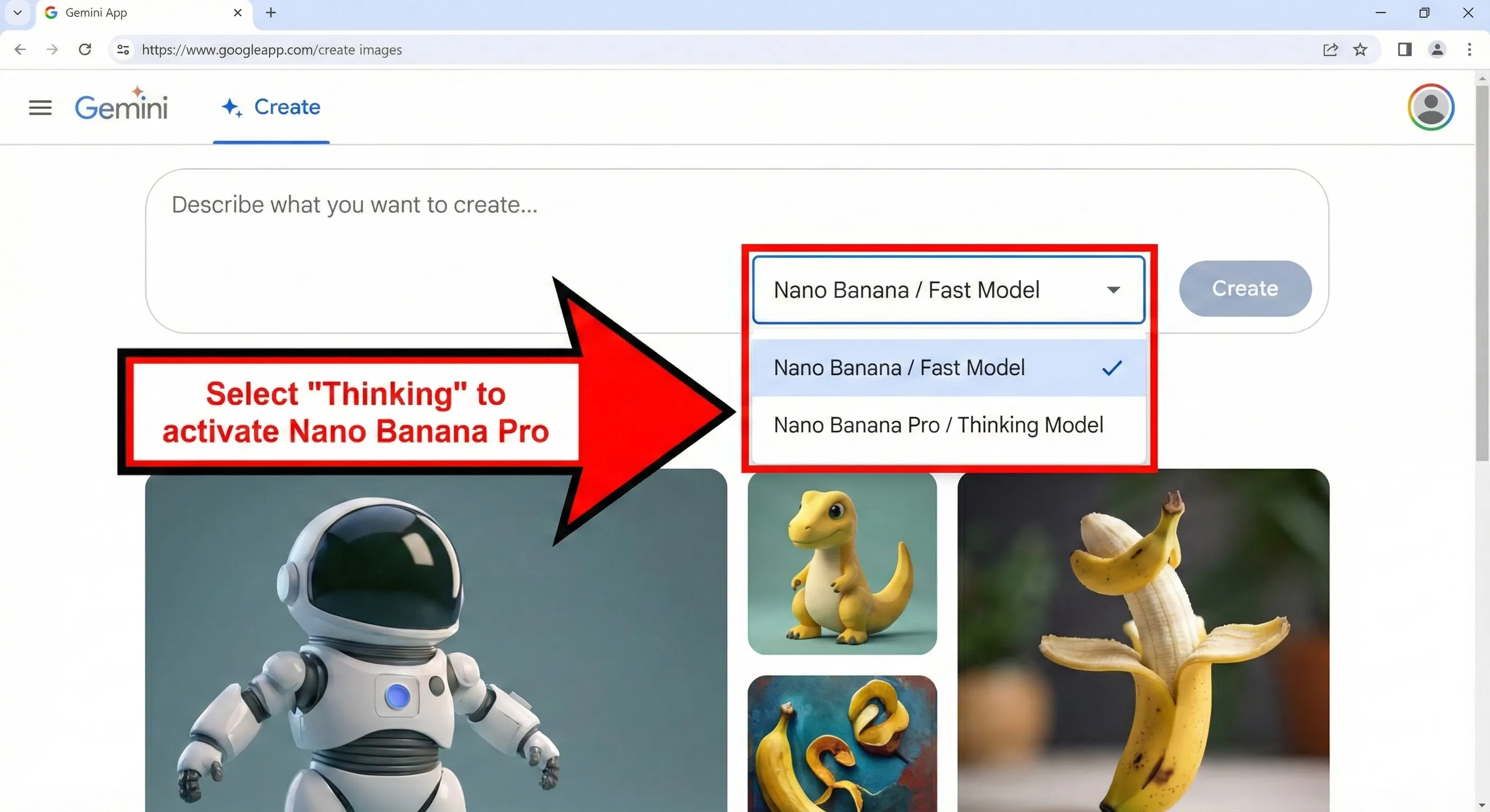 How to access Nano Banana Pro in the Gemini app: Selecting the Thinking model
