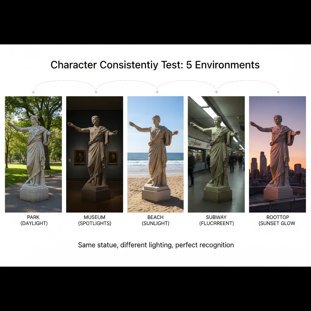 Runway Gen-4's character consistency feature maintains the same visual identity across different lighting and angles