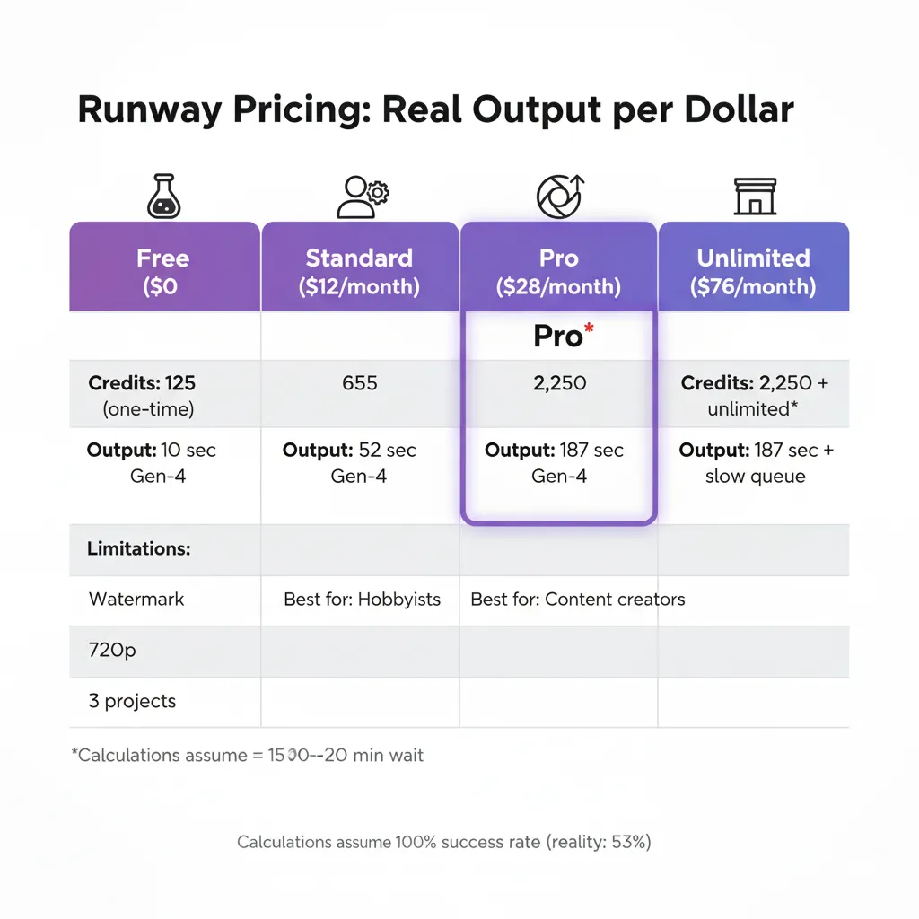 Runway's credit-based pricing translated to actual video output—Standard plan gives you less than 1 minute of Gen-4 footage monthly