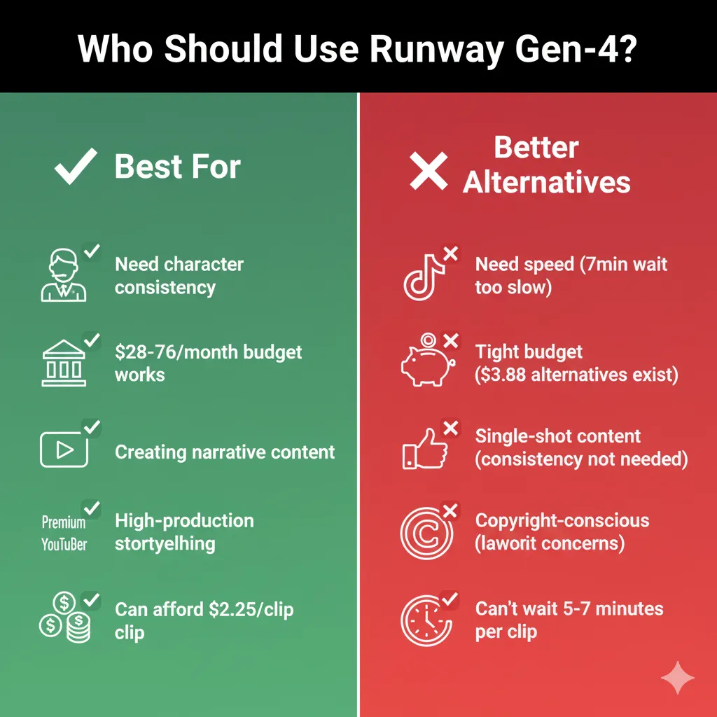 User persona breakdown: Runway excels for professional filmmakers and studios, falls short for hobbyists and social media creators