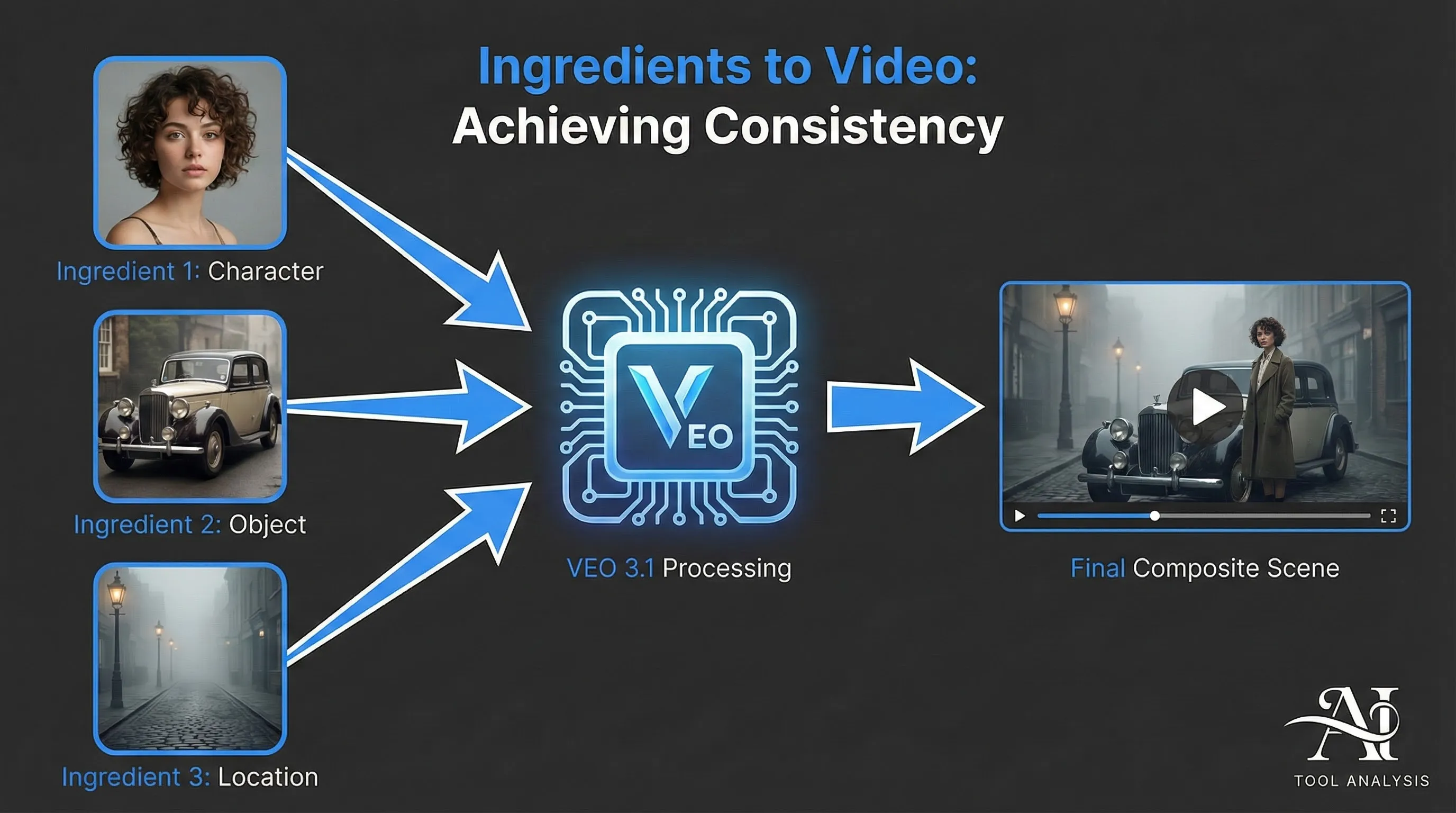 Diagram showing the VEO 3.1 Ingredients to Video workflow with multiple image inputs for consistency