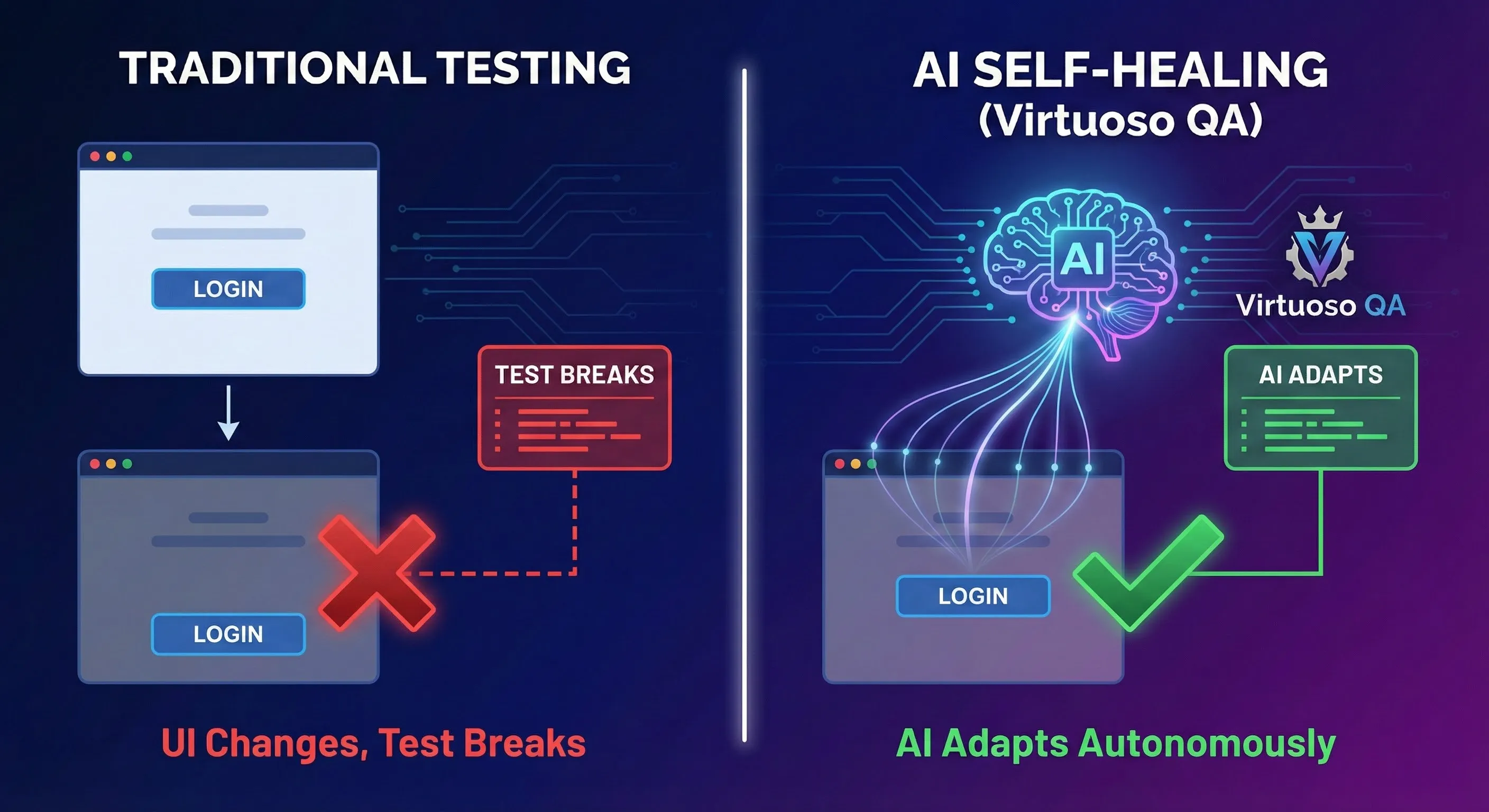 Visualization of Virtuoso QA's self-healing automation adapting to UI changes.