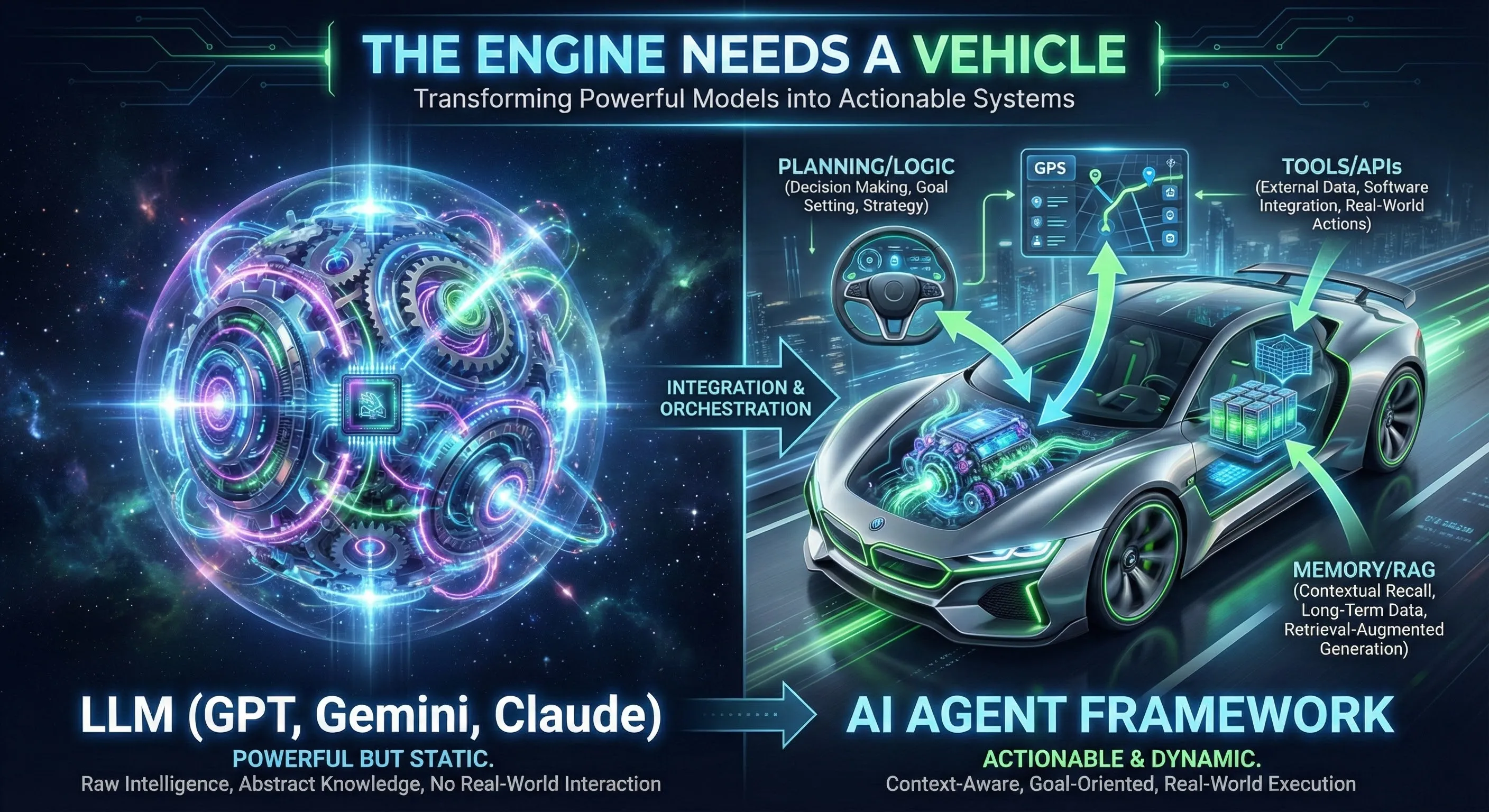 Metaphor explaining AI agent frameworks: LLM as engine, Framework as car
