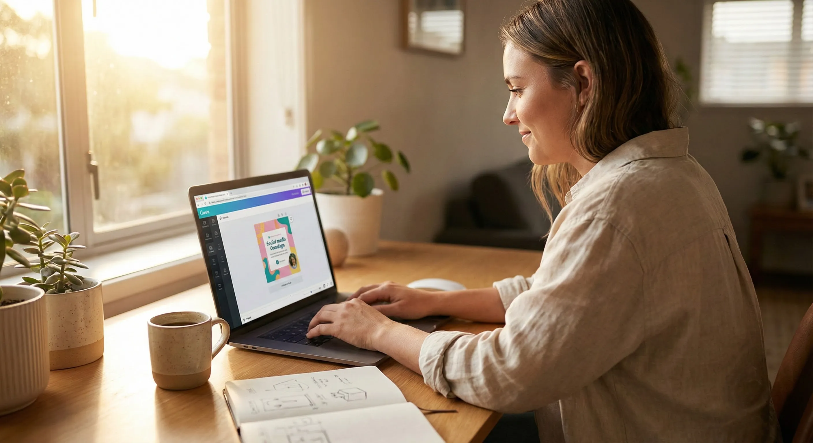Creative professional using Canva Visual Suite 2.0 in a home office