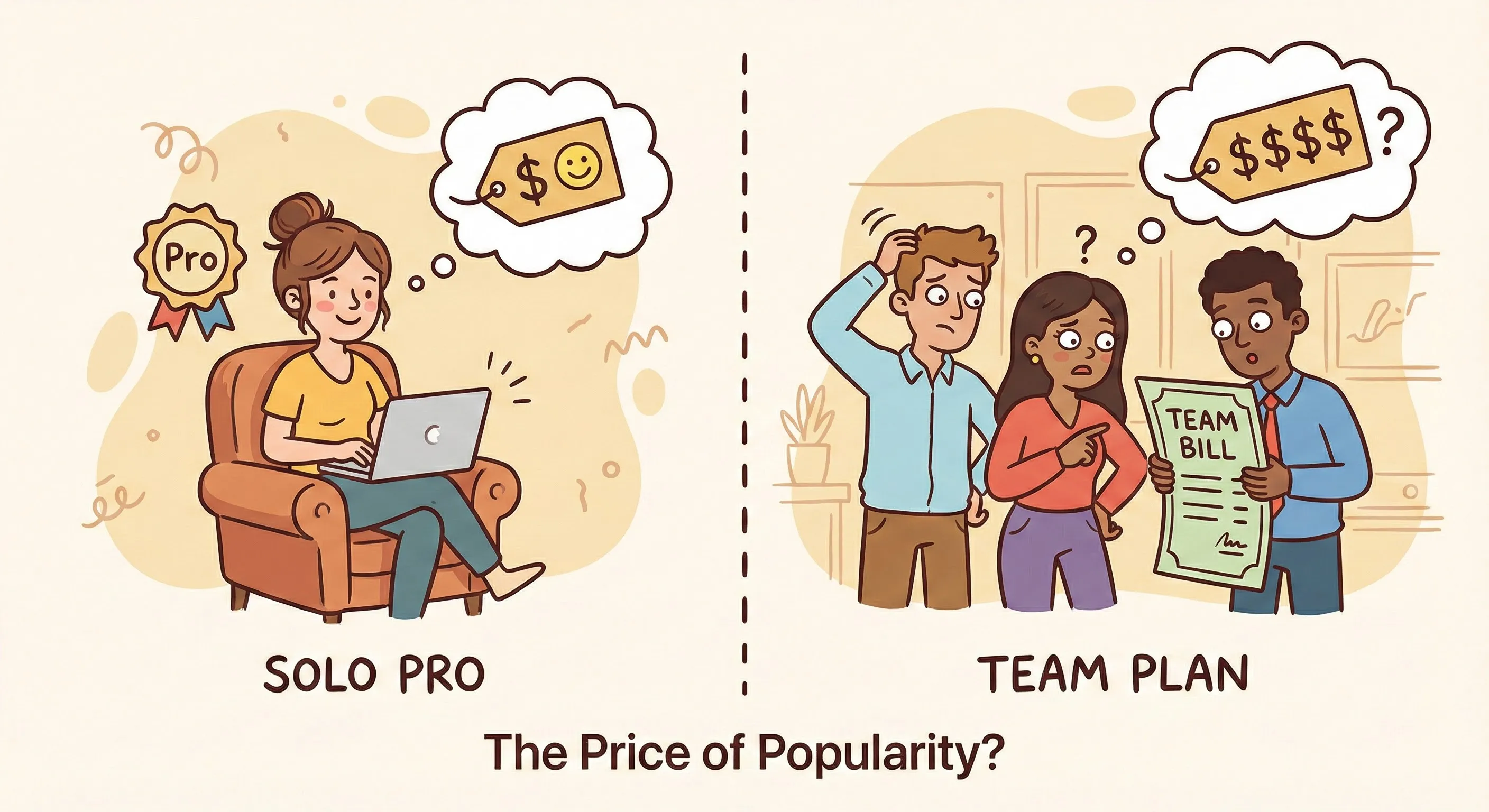 Illustration comparing Canva Pro Solo pricing vs new expensive Teams pricing