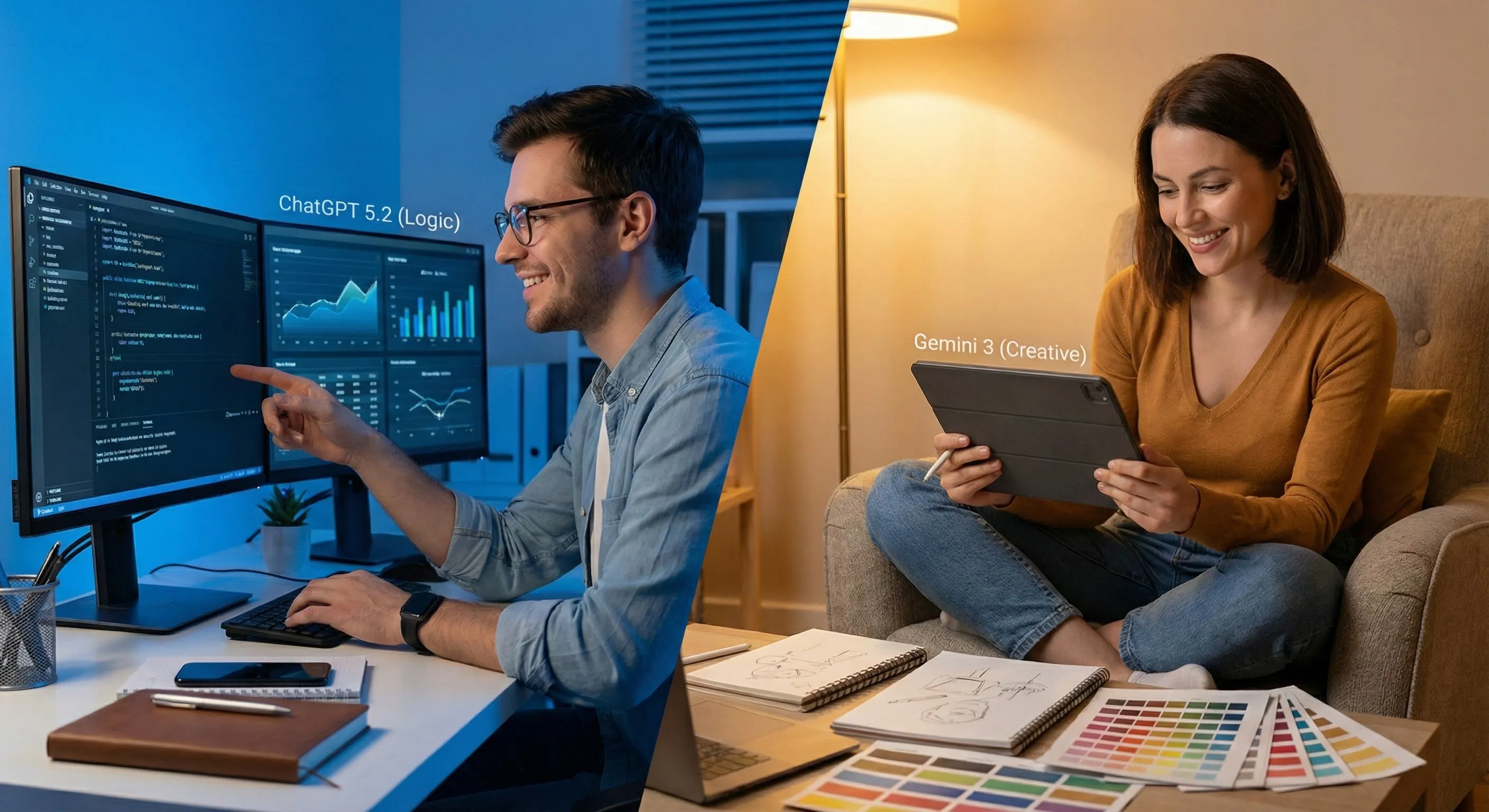 Split screen showing creative professional comparing ChatGPT 5.2 and Gemini 3 outputs