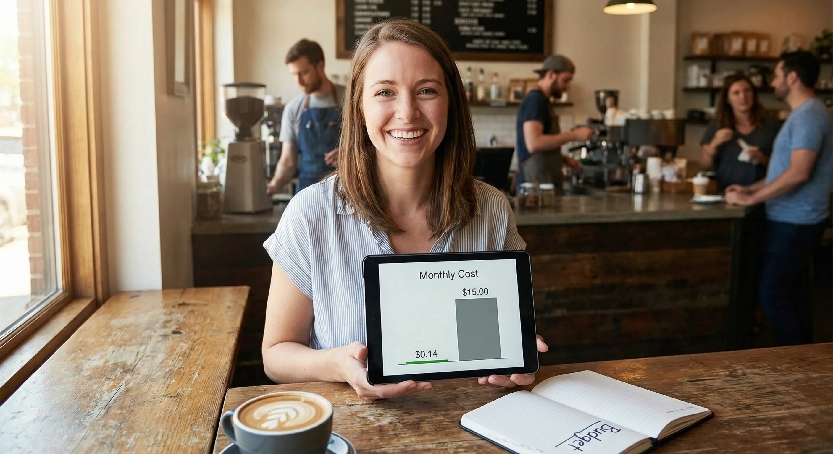 A startup founder looking relieved while checking expenses on a tablet