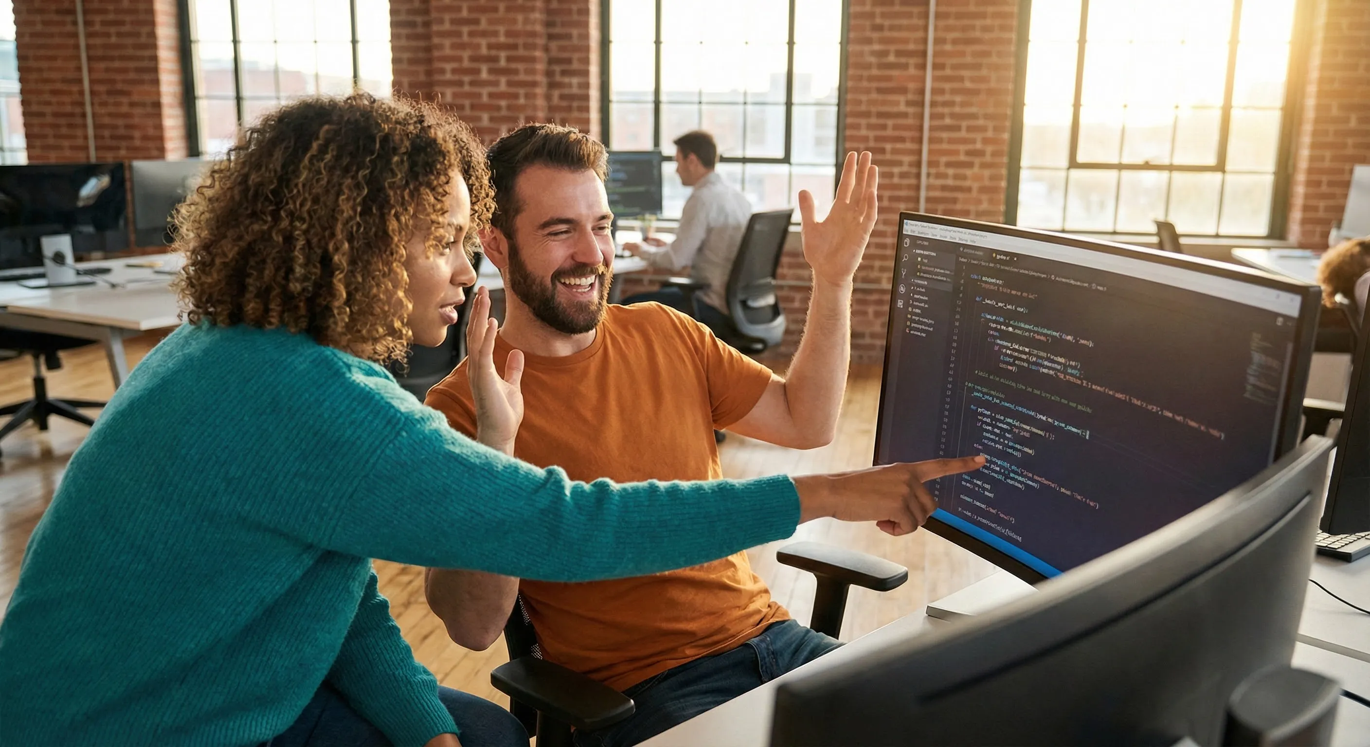Two developers pointing at a screen, celebrating a solved bug