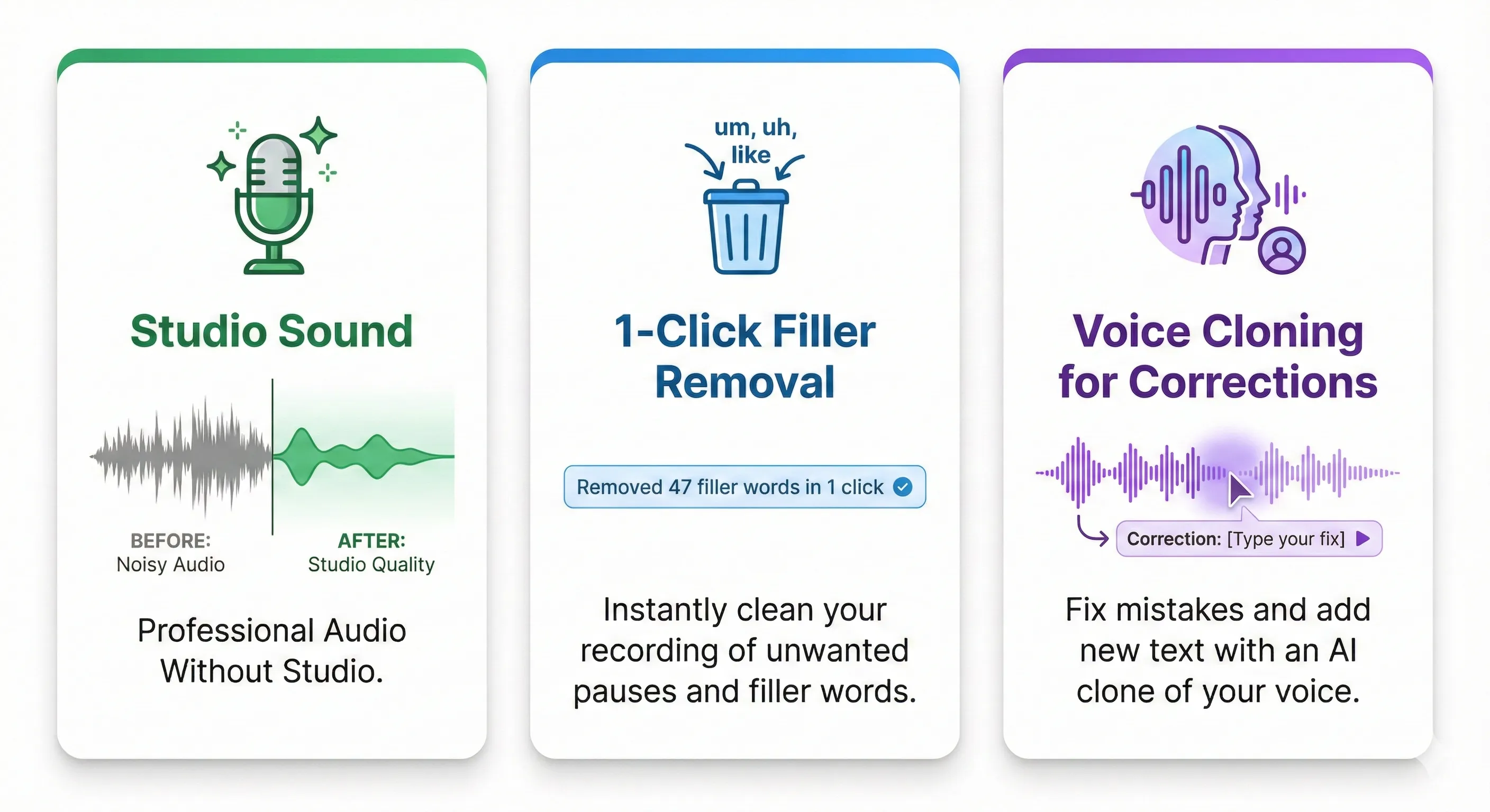 Descript key features interface showing Studio Sound, filler word removal, and Overdub