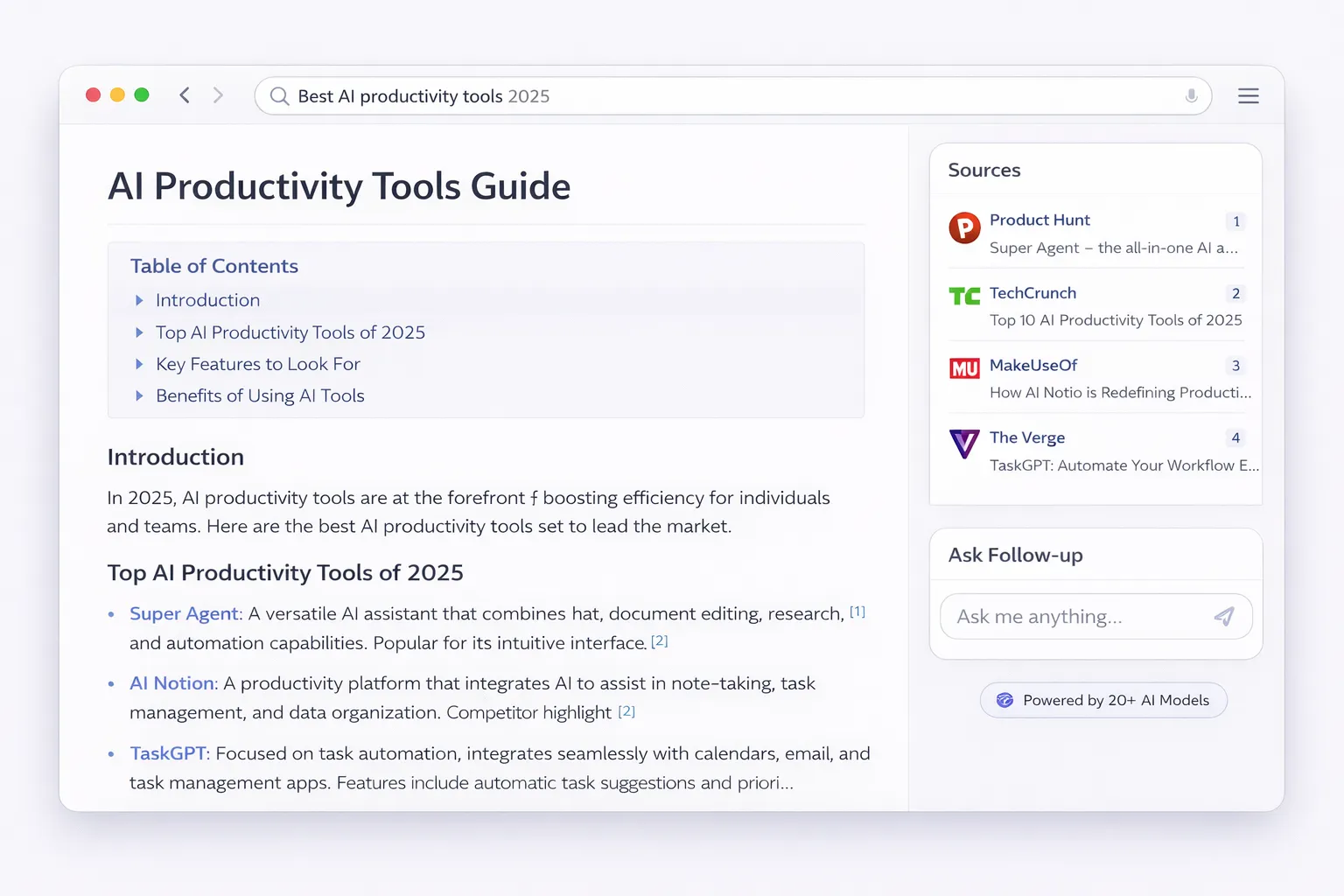 Genspark AI Sparkpage showing organized research results with sources and interactive features