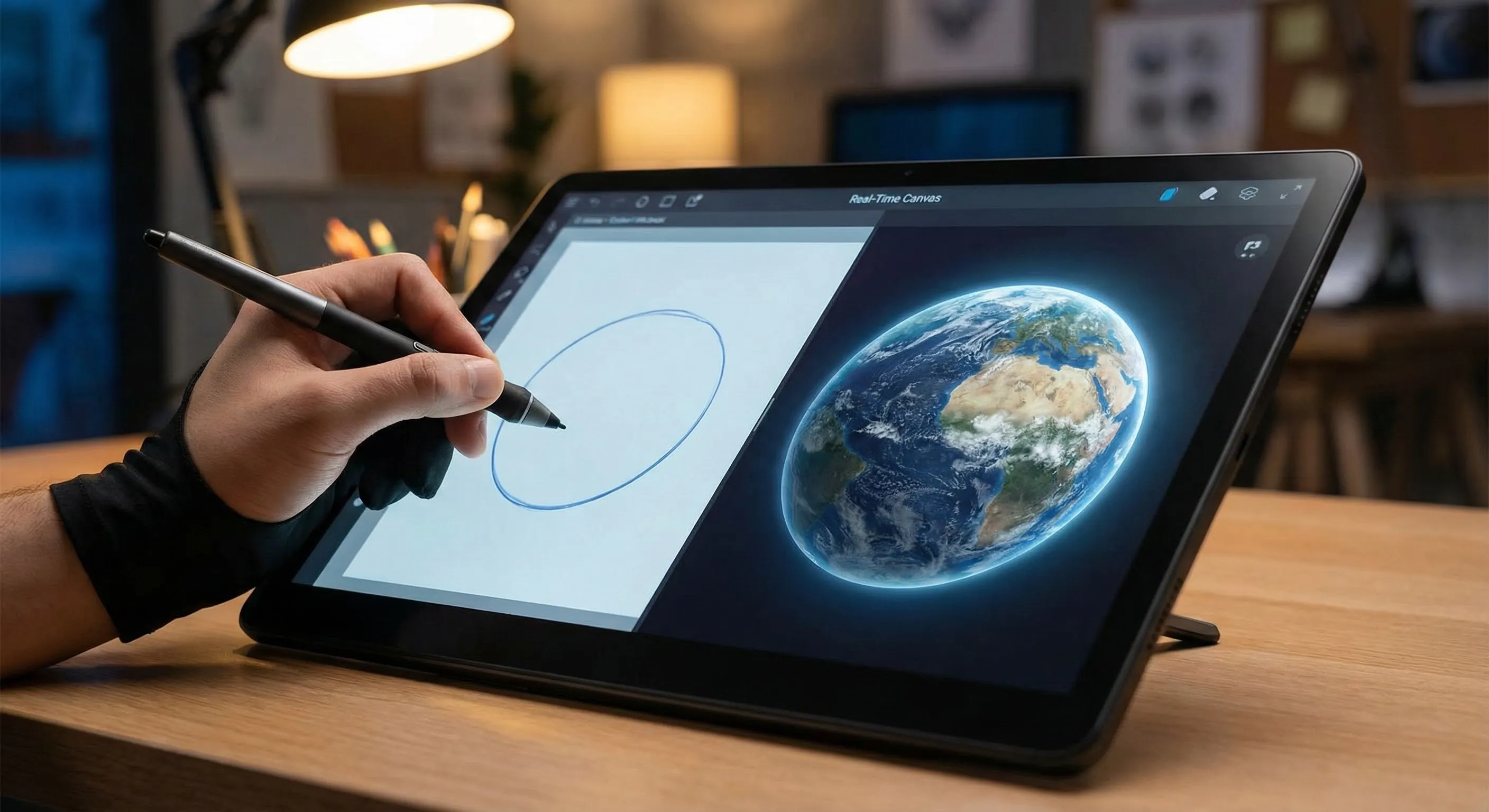 Close up of a hand using a stylus on a tablet to sketch a simple shape, while Leonardo AI generates a complex image