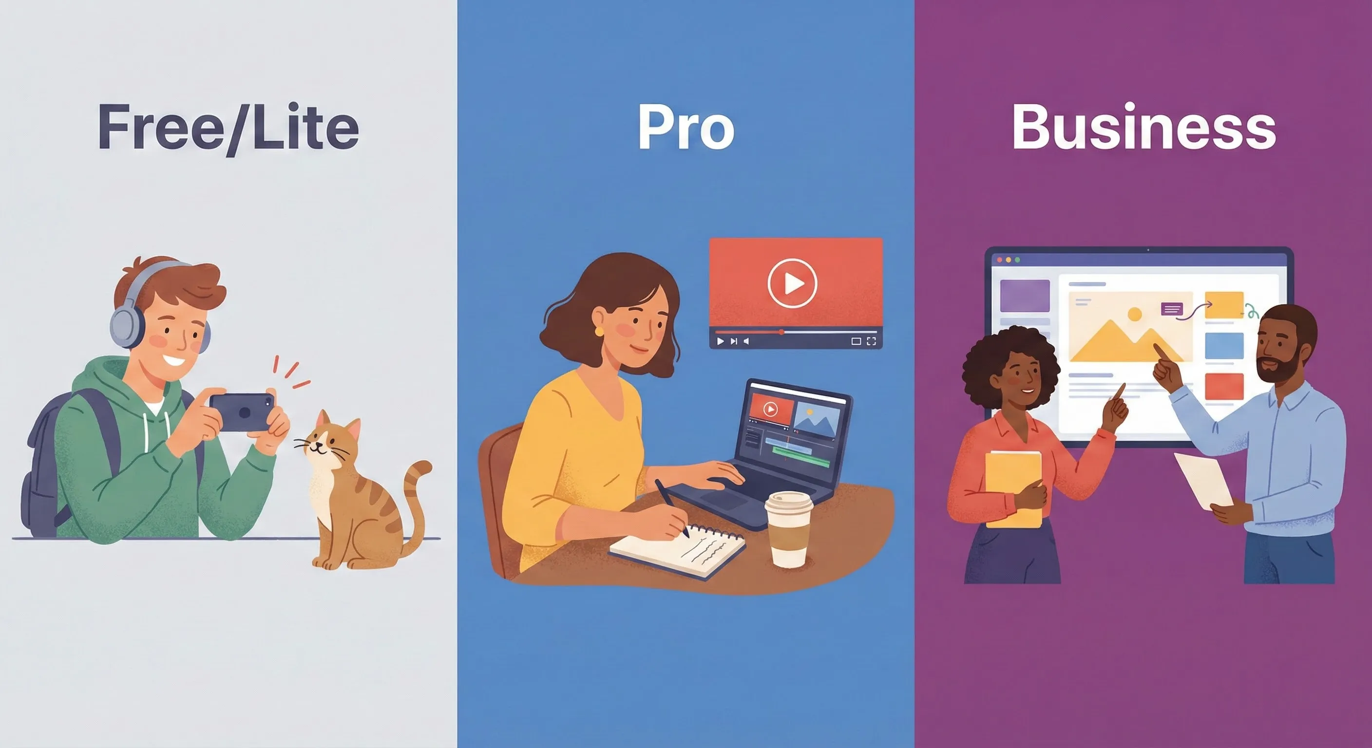 Illustration of different user types for Veed's pricing tiers