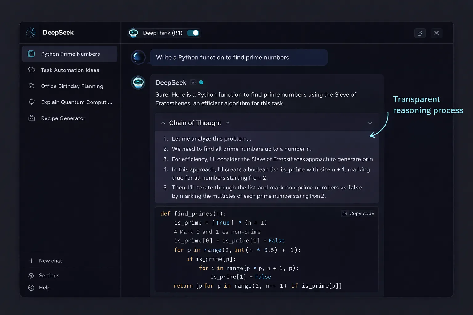 DeepSeek R1 chat interface showing chain-of-thought reasoning