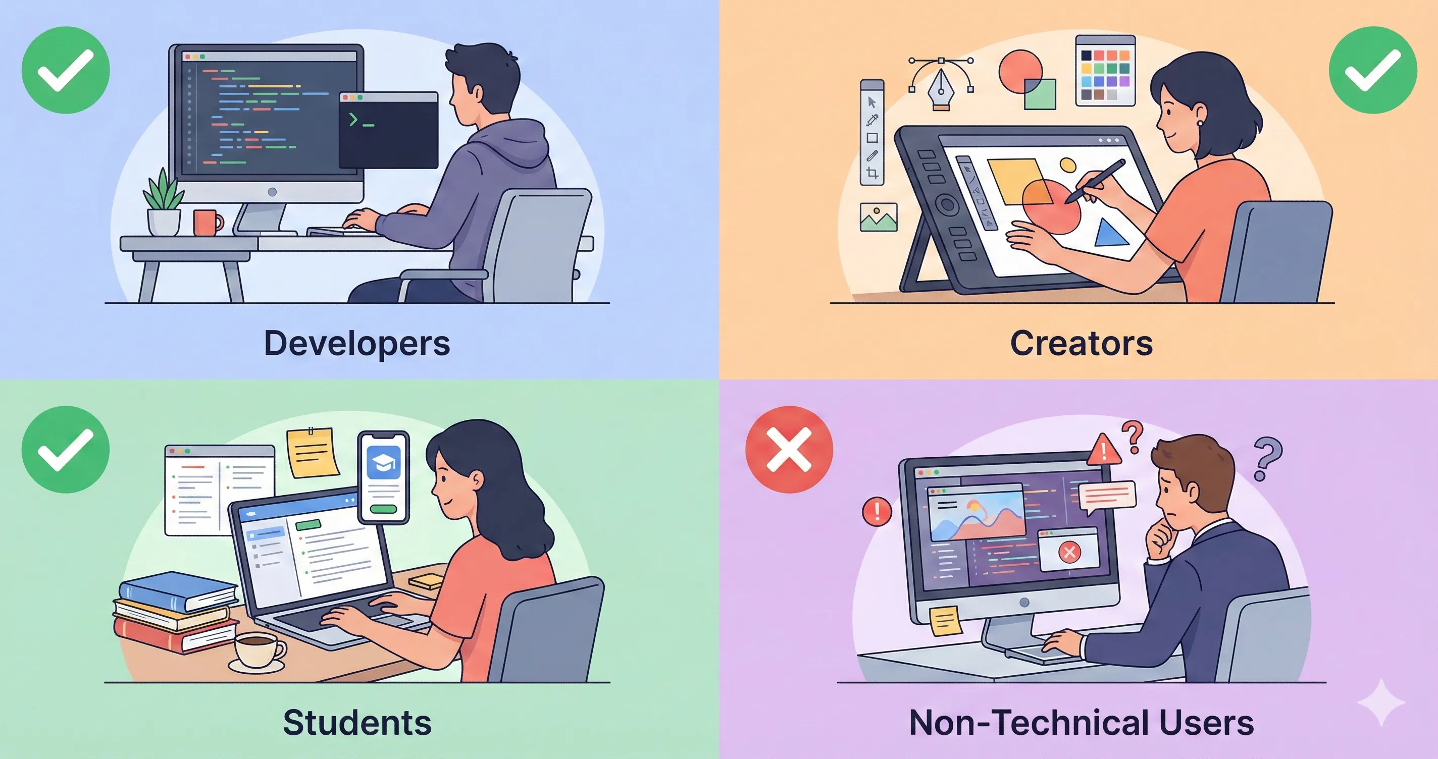 Google AI Studio user personas showing developers, creators, students, and enterprise teams using different features